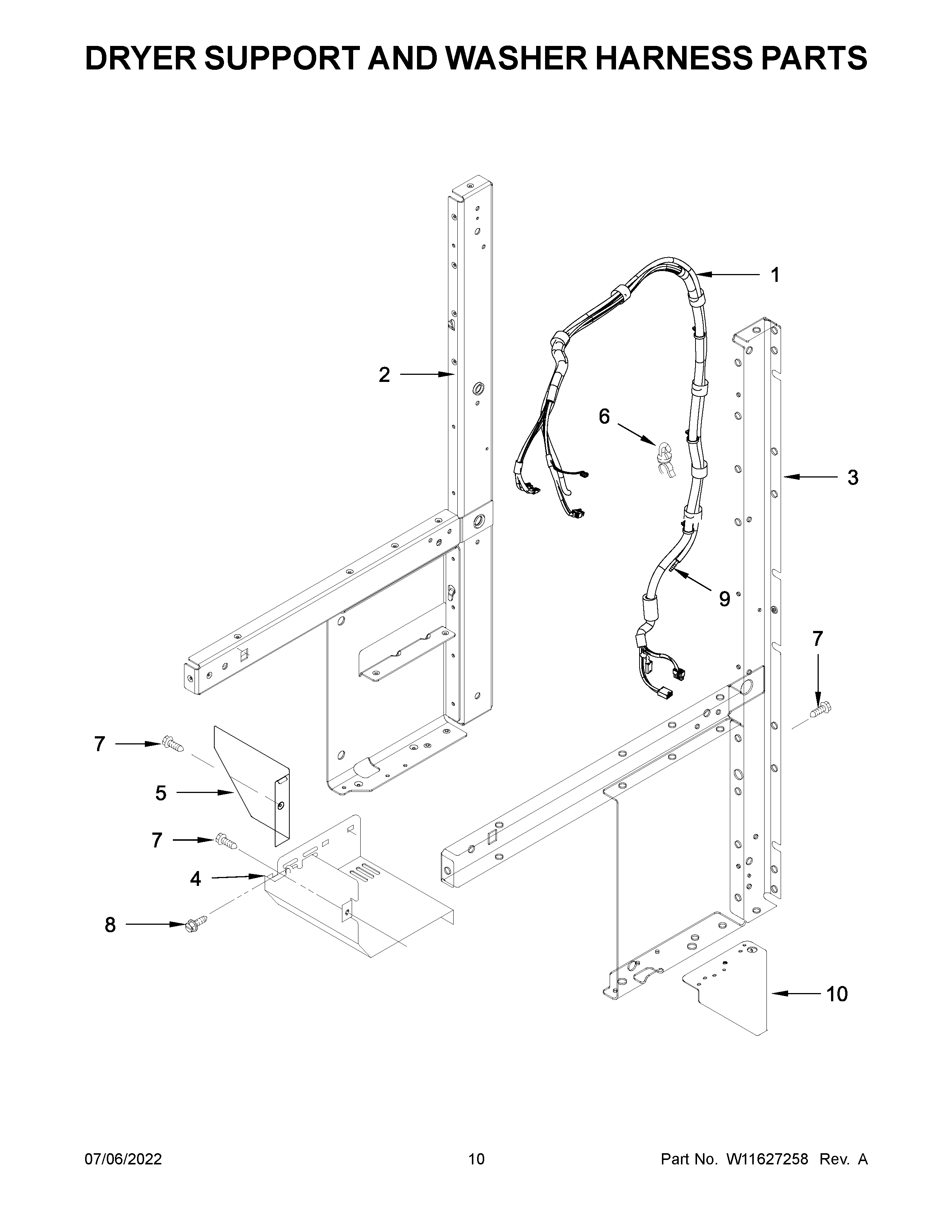 Dryer support and washer harness parts