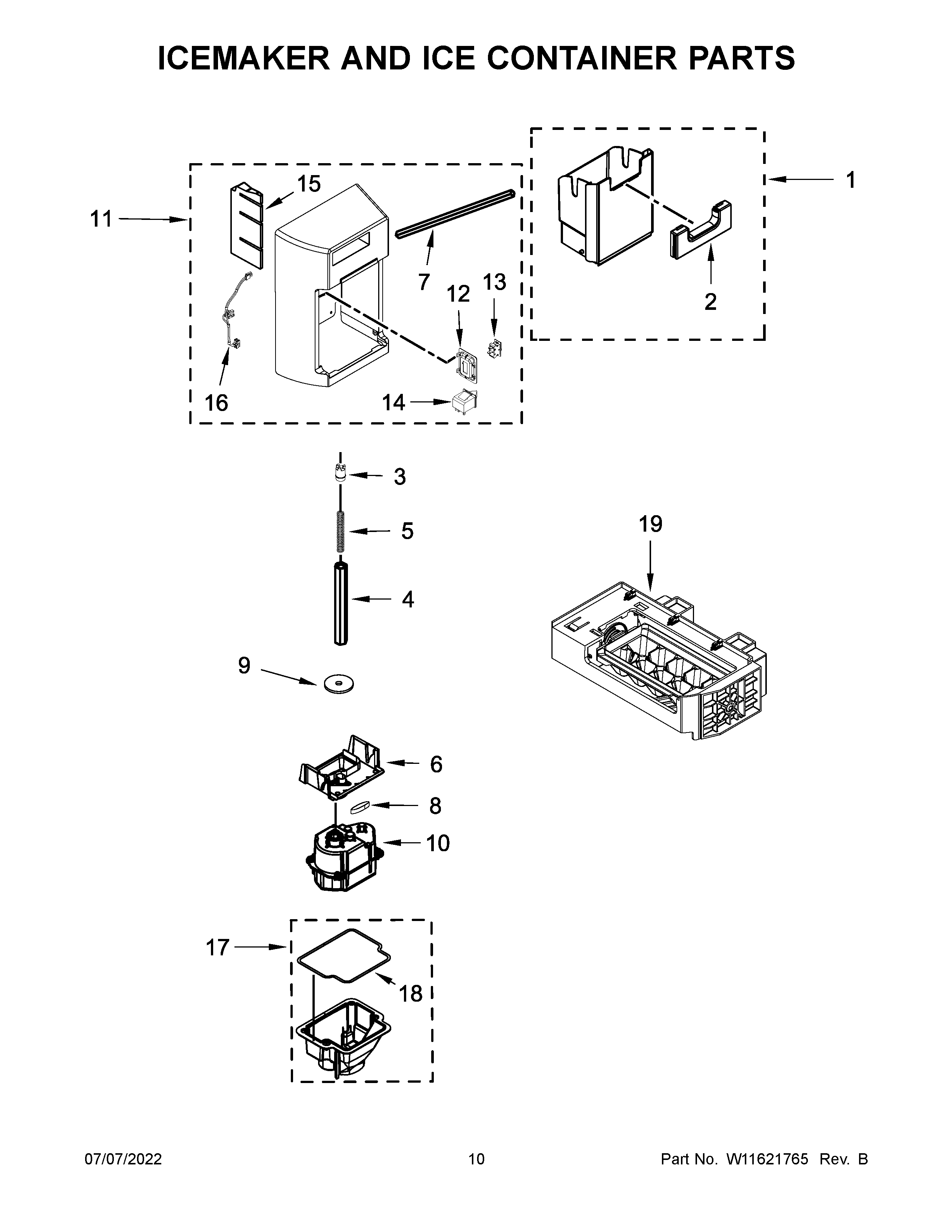 Icemaker and ice container parts
