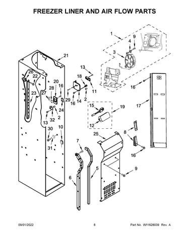 Freezer liner and air flow parts