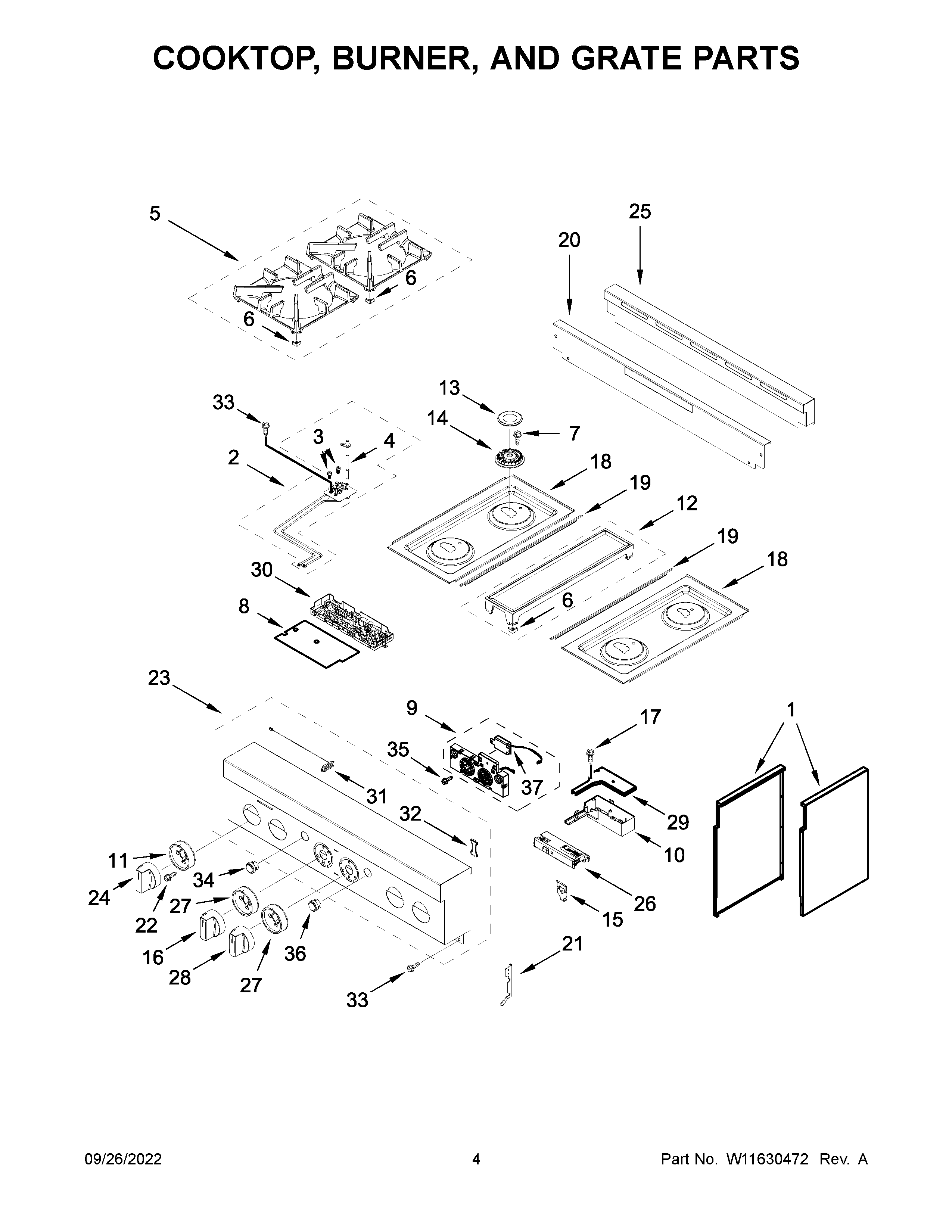 Cooktop, burner, and grate parts