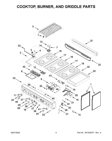 Cooktop, burner, and griddle parts
