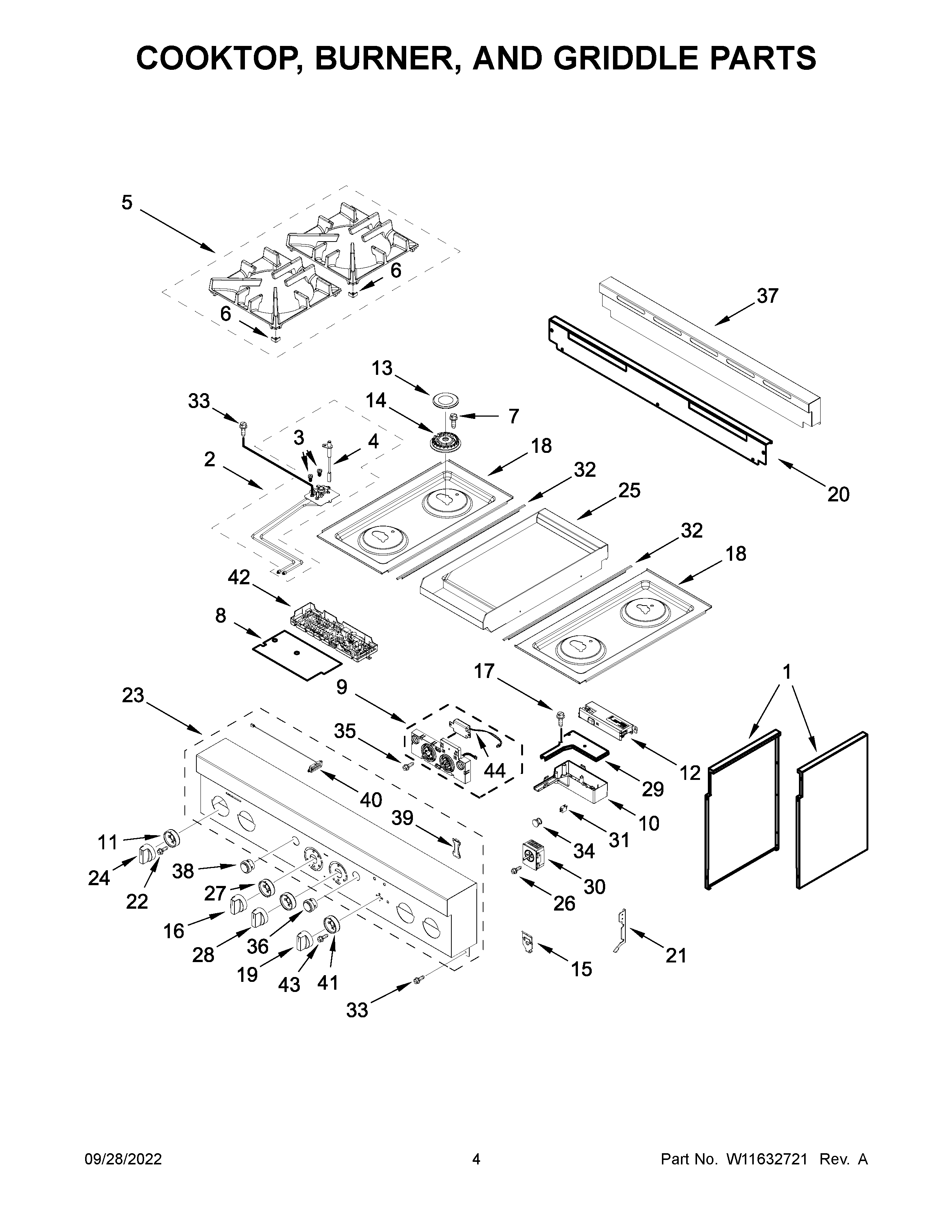 Cooktop, burner, and griddle parts