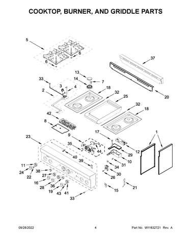 Cooktop, burner, and griddle parts