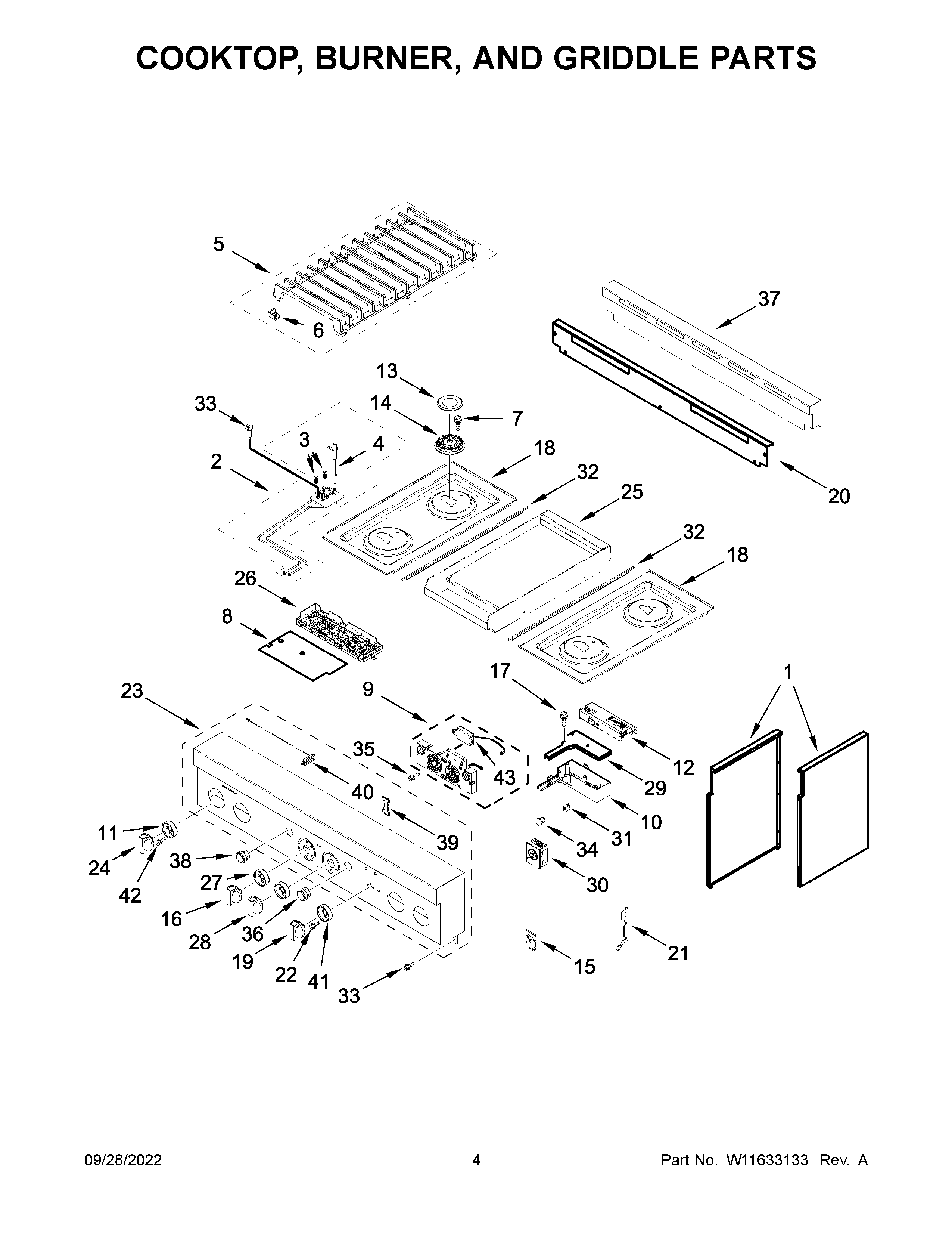 Cooktop, burner, and griddle parts