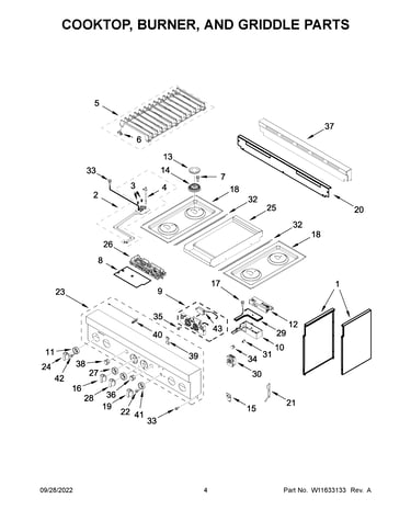 Cooktop, burner, and griddle parts