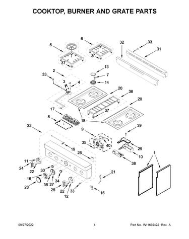 Cooktop, burner and grate parts