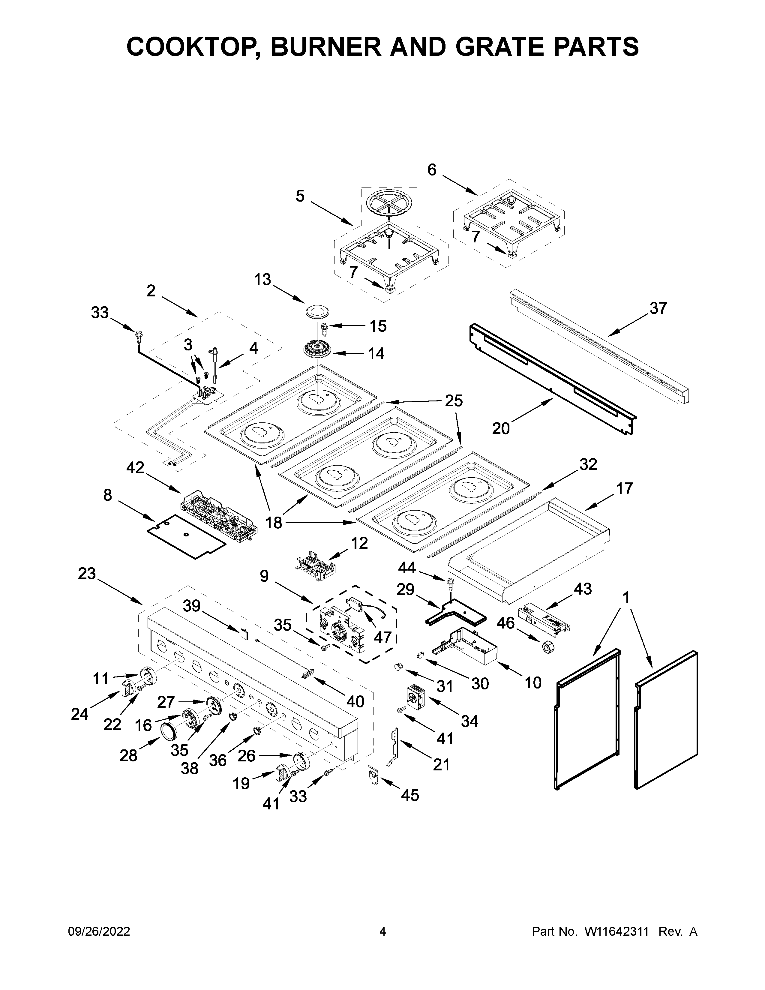 Cooktop, burner and grate parts
