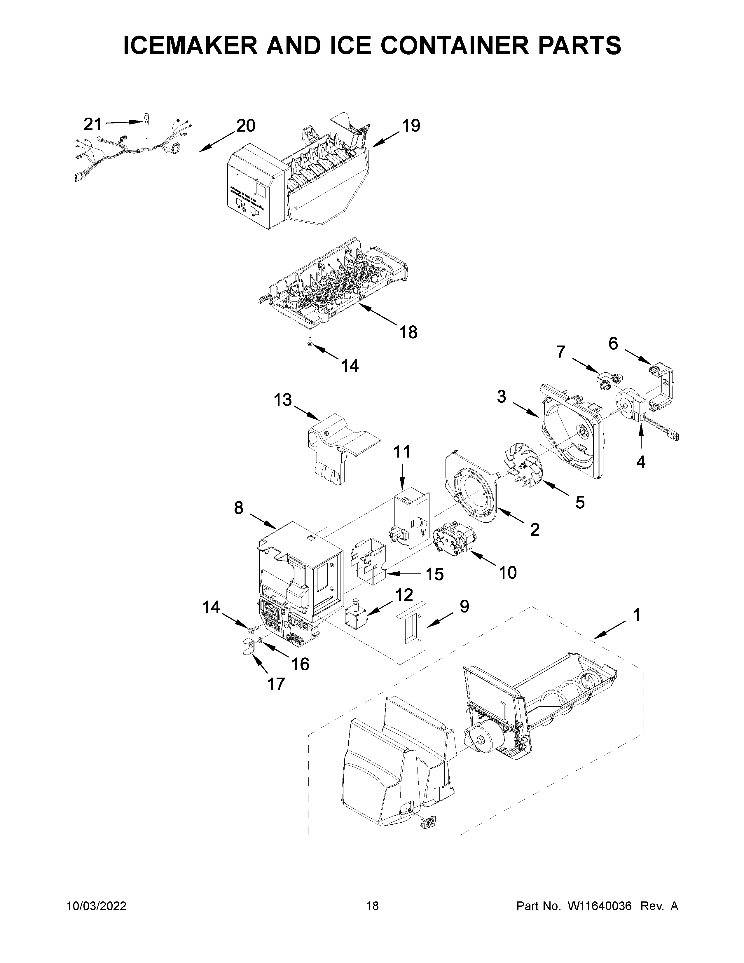 Icemaker and ice container parts