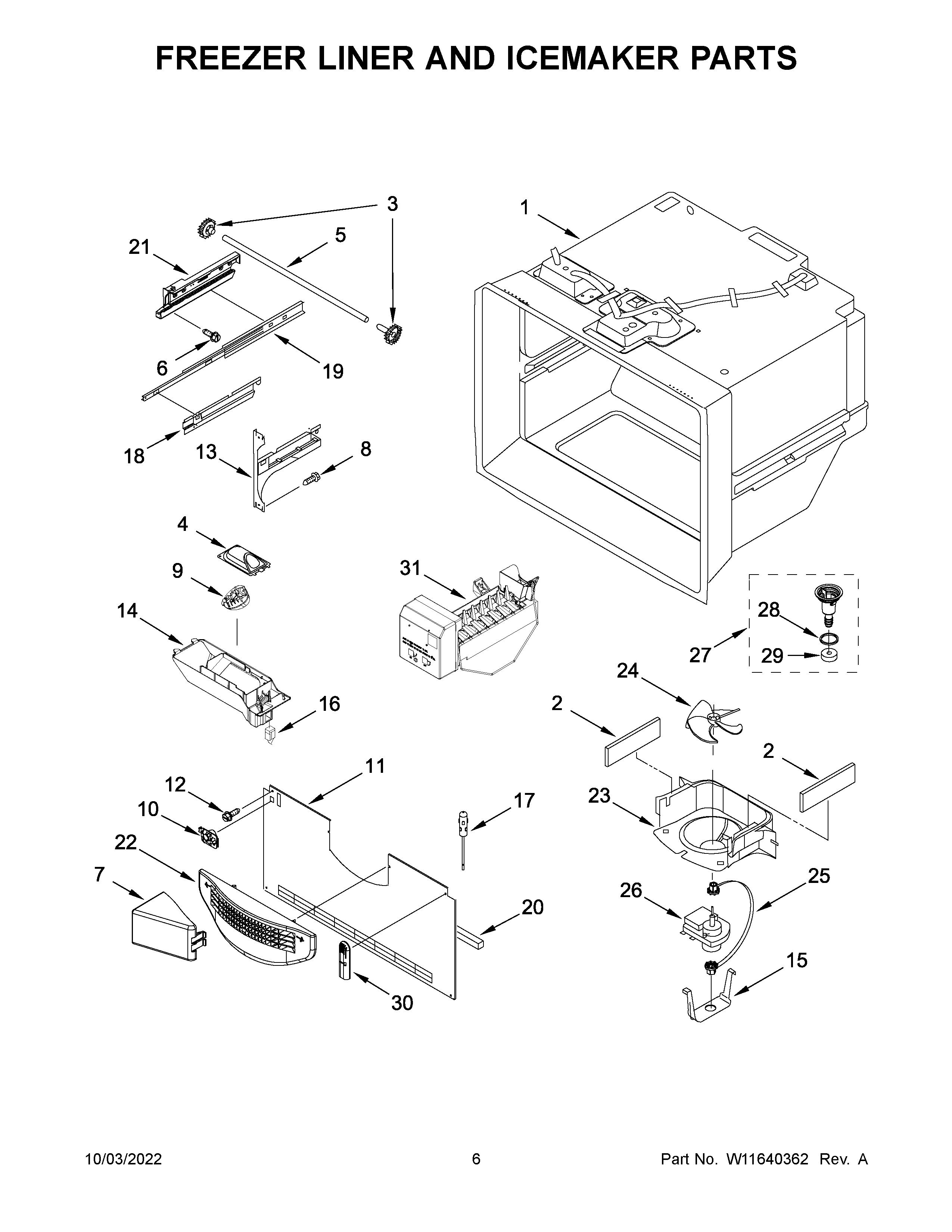 Freezer liner and icemaker parts
