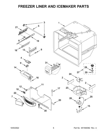 Freezer liner and icemaker parts