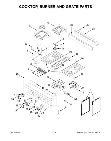 Cooktop, burner and grate parts