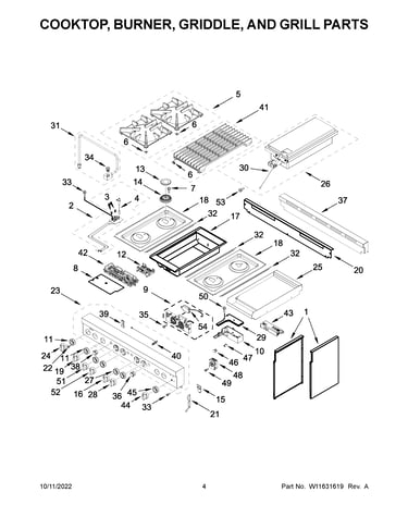 Cooktop, burner, griddle, and grill parts