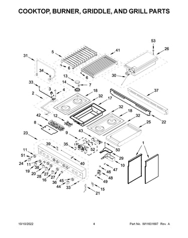 Cooktop, burner, griddle, and grill parts