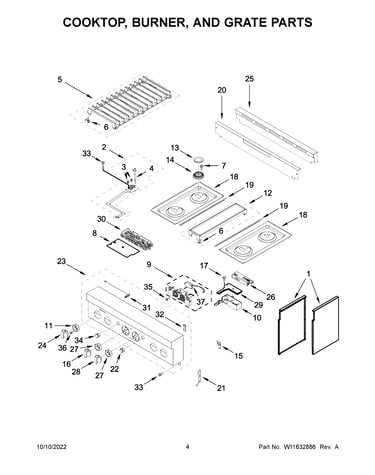 Cooktop, burner, and grate parts