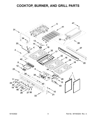 Cooktop, burner, and grill parts
