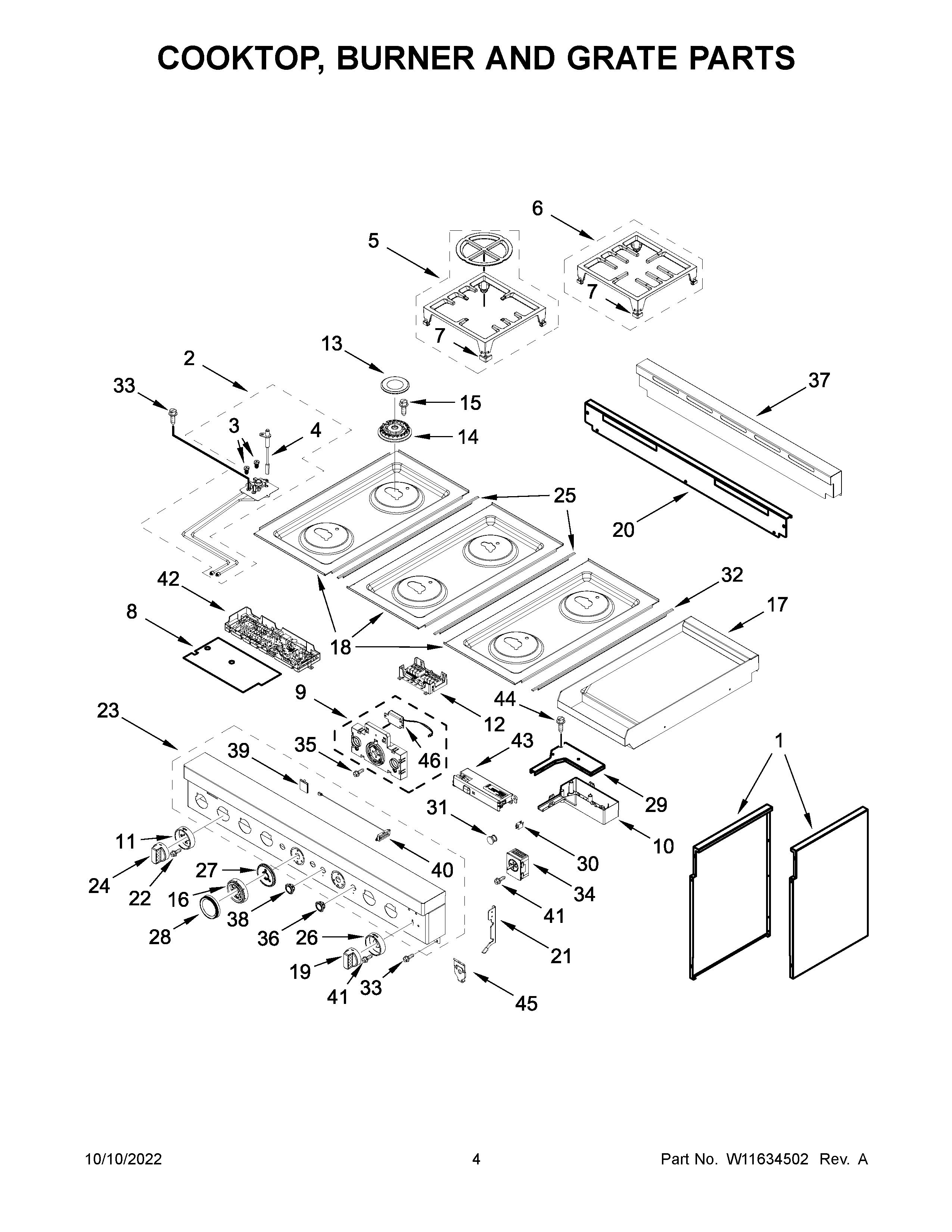 Cooktop, burner and grate parts