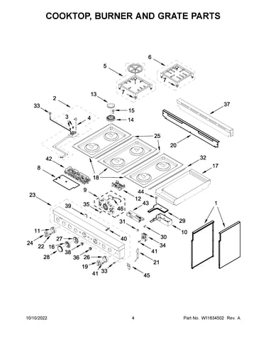 Cooktop, burner and grate parts