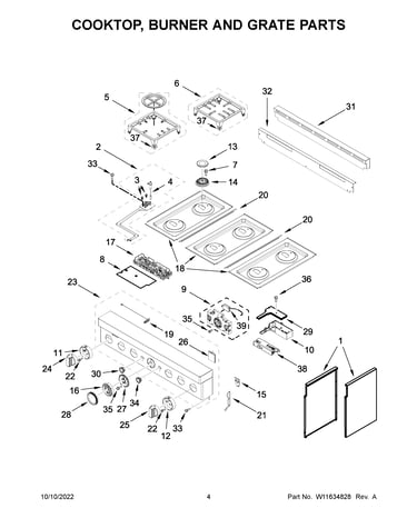Cooktop, burner and grate parts