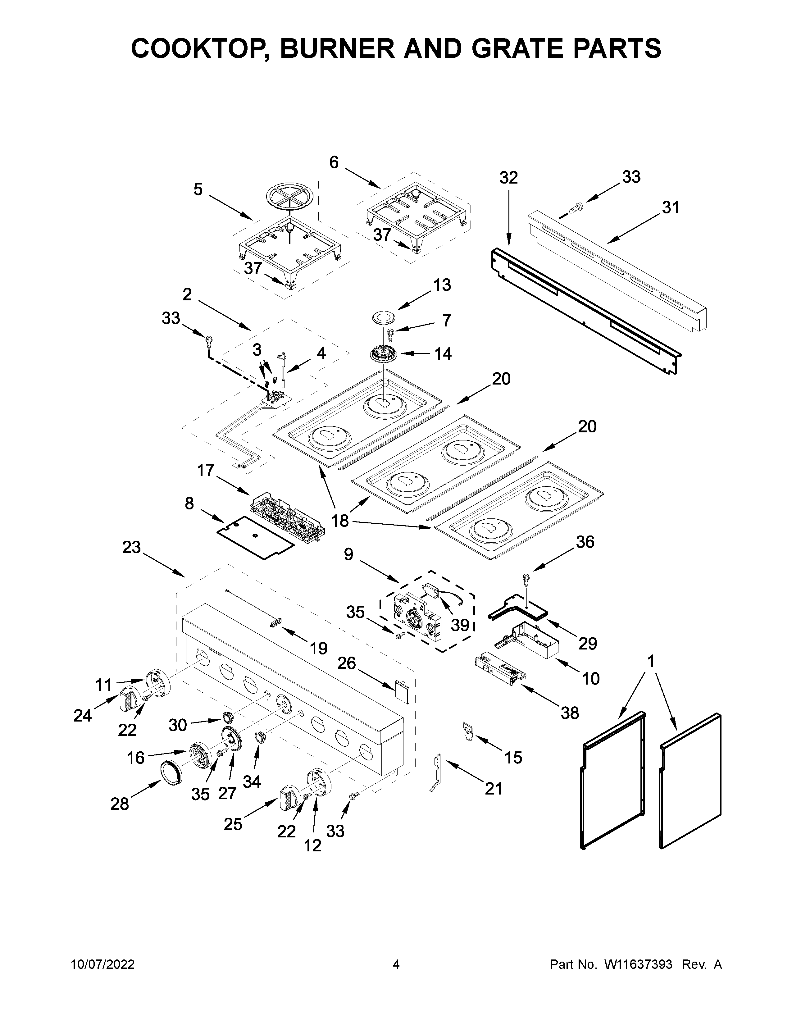 Cooktop, burner and grate parts