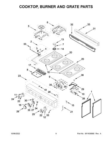 Cooktop, burner and grate parts