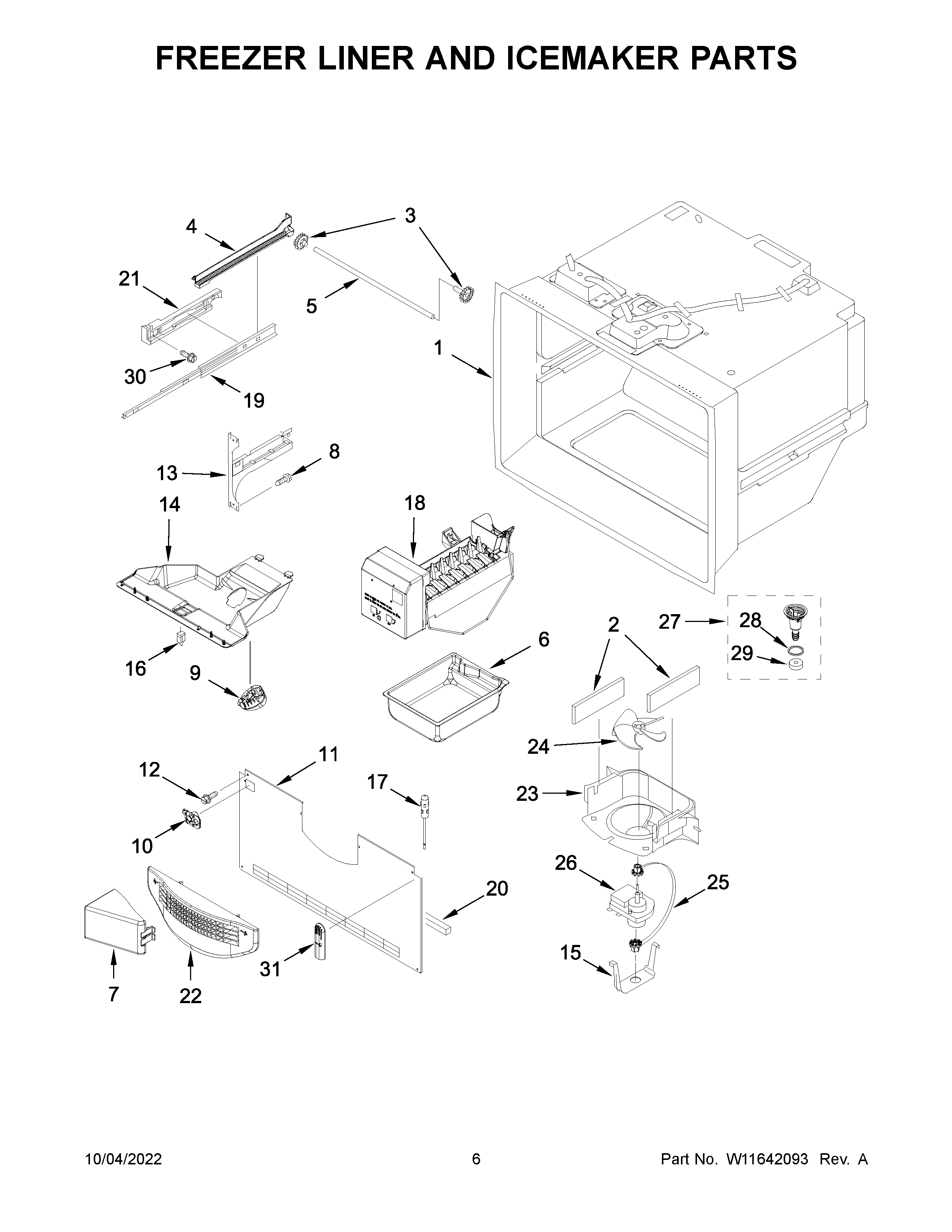 Freezer liner and icemaker parts
