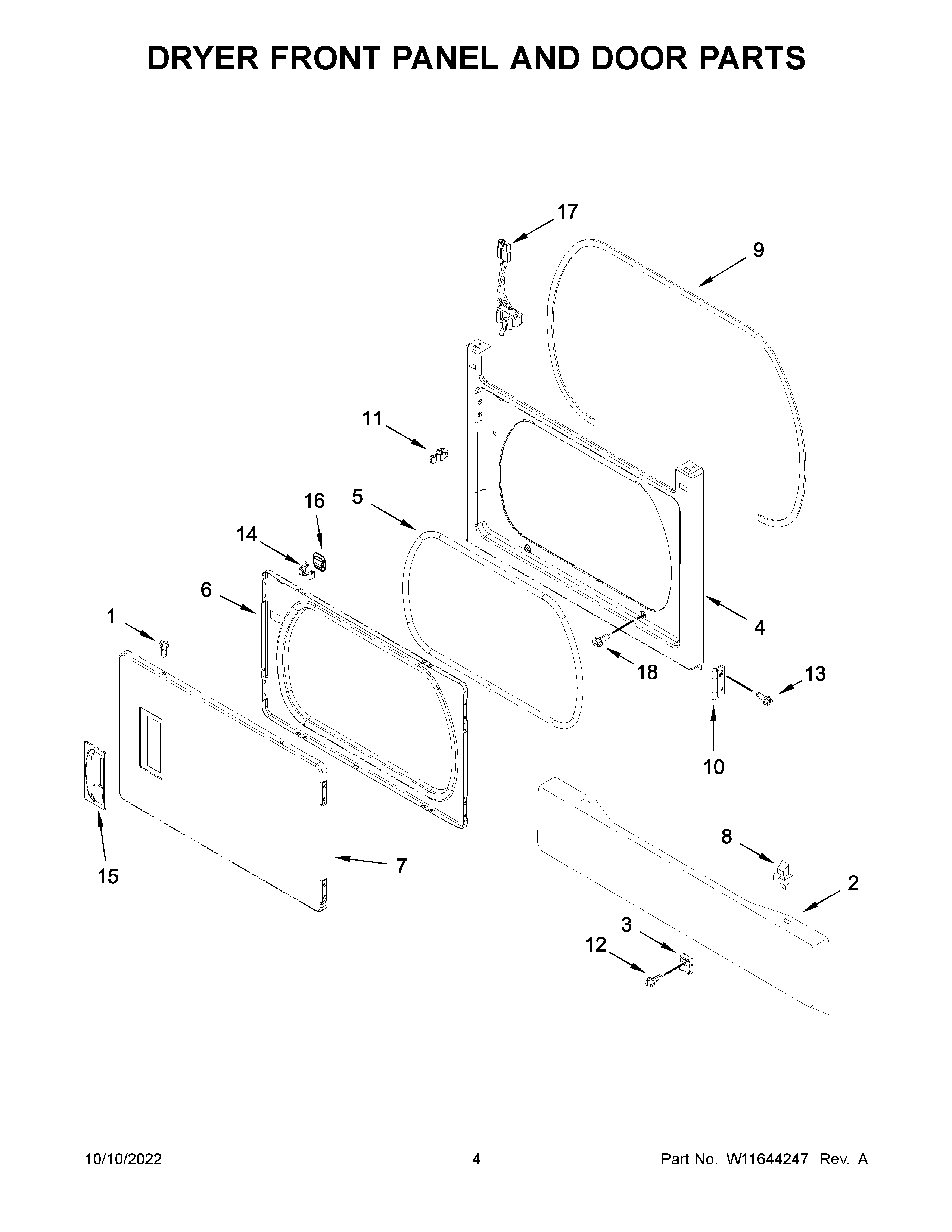 Dryer front panel and door parts