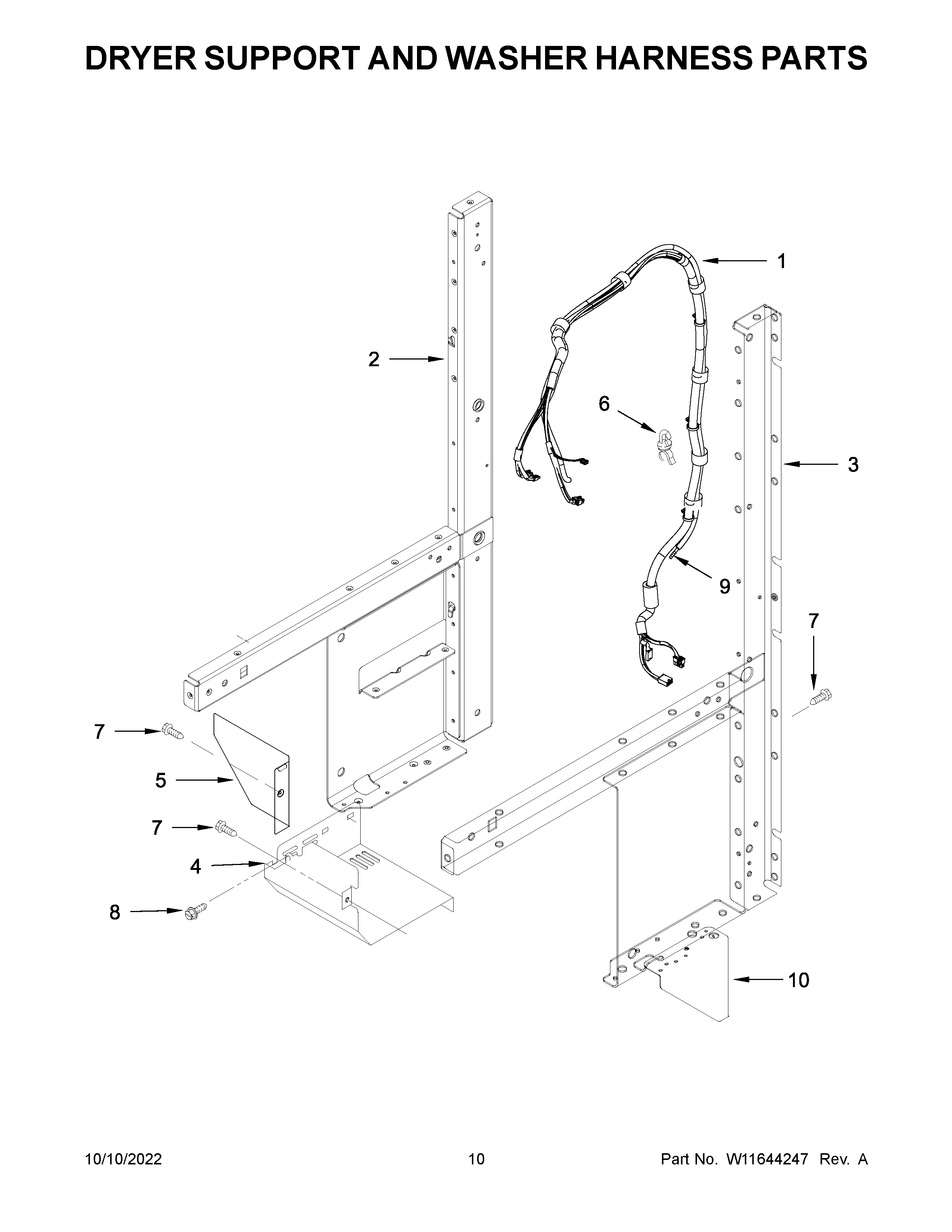 Dryer support and washer harness parts