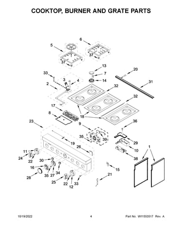 Cooktop, burner and grate parts