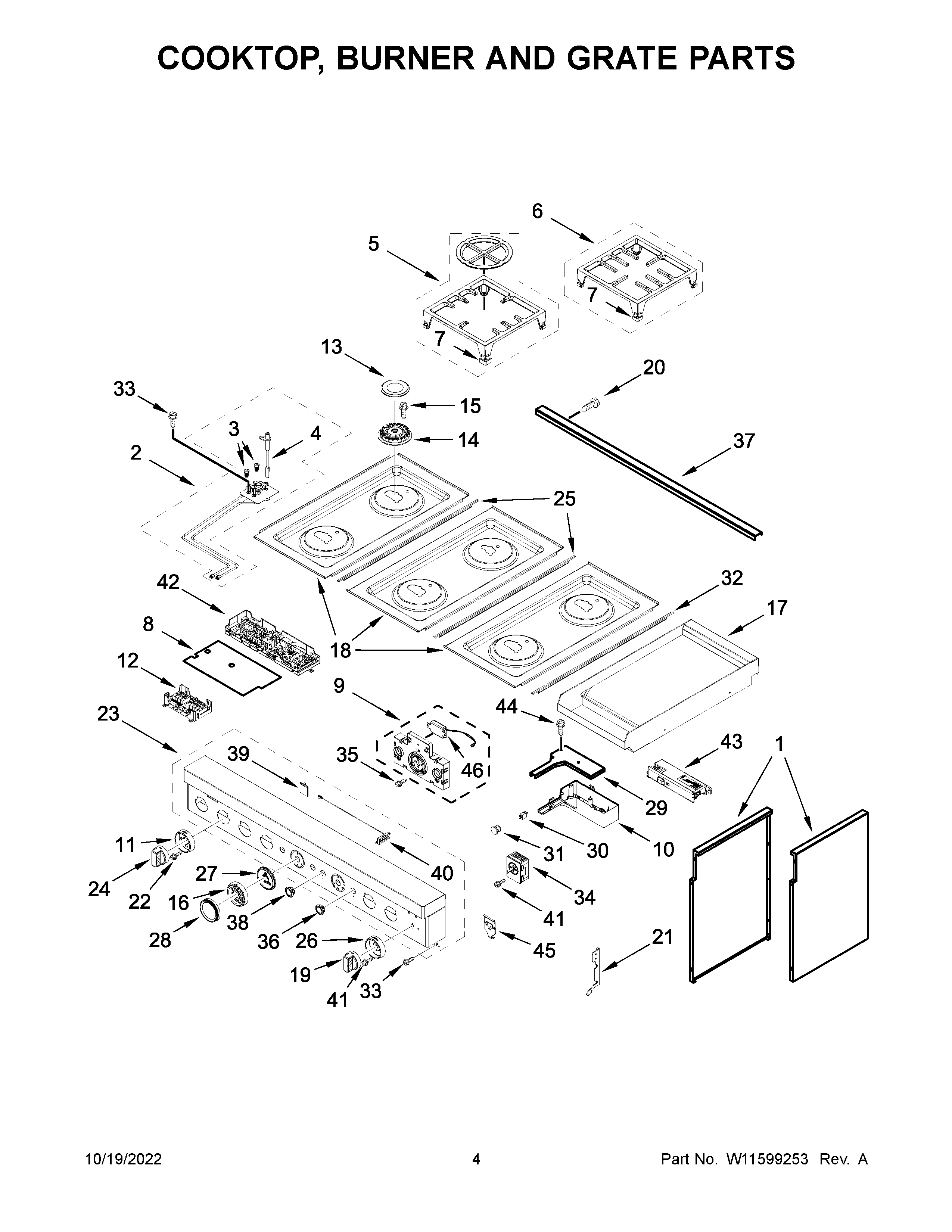Cooktop, burner and grate parts