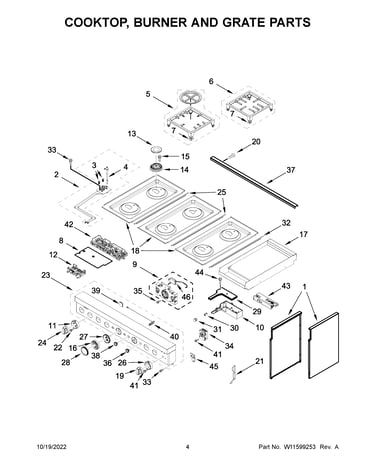Cooktop, burner and grate parts