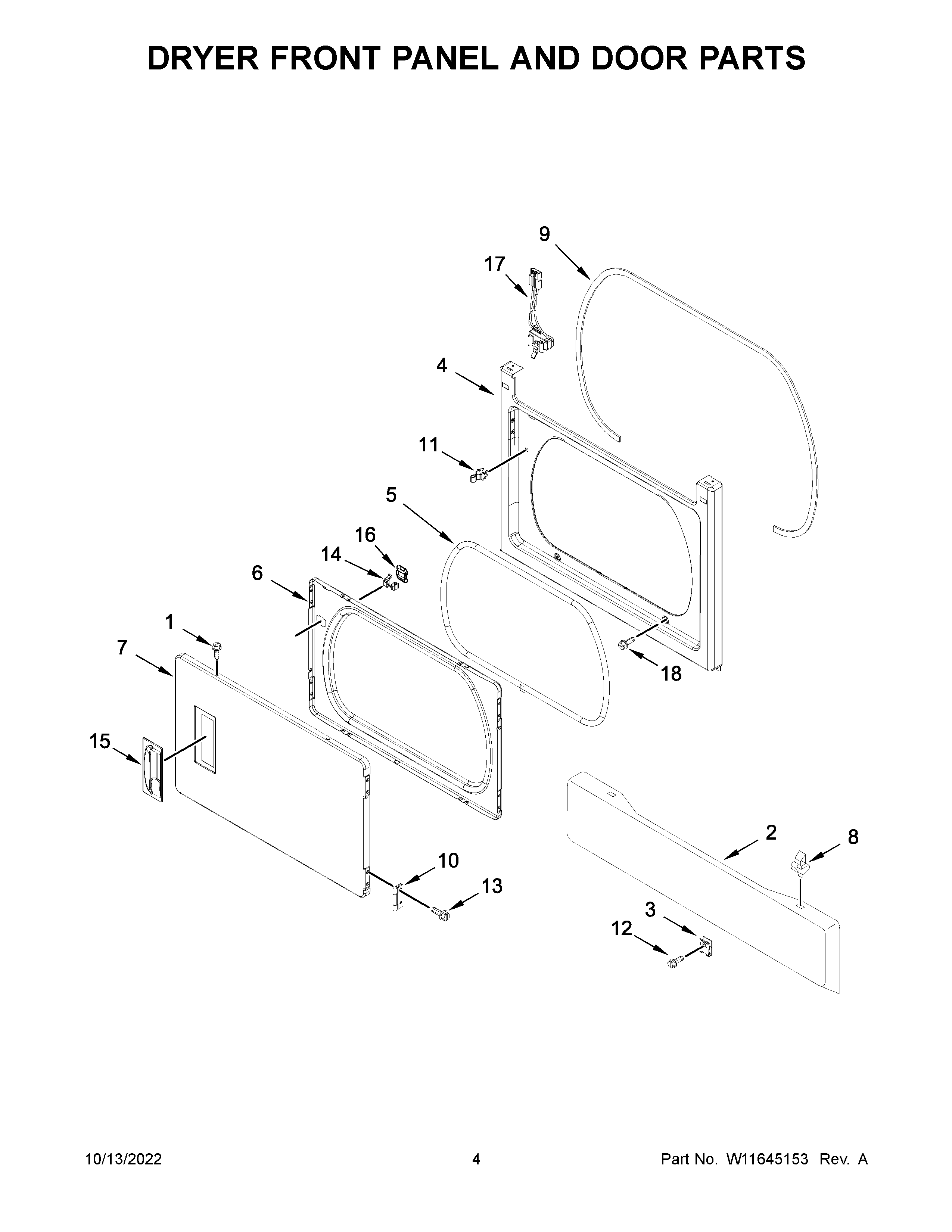 Dryer front panel and door parts
