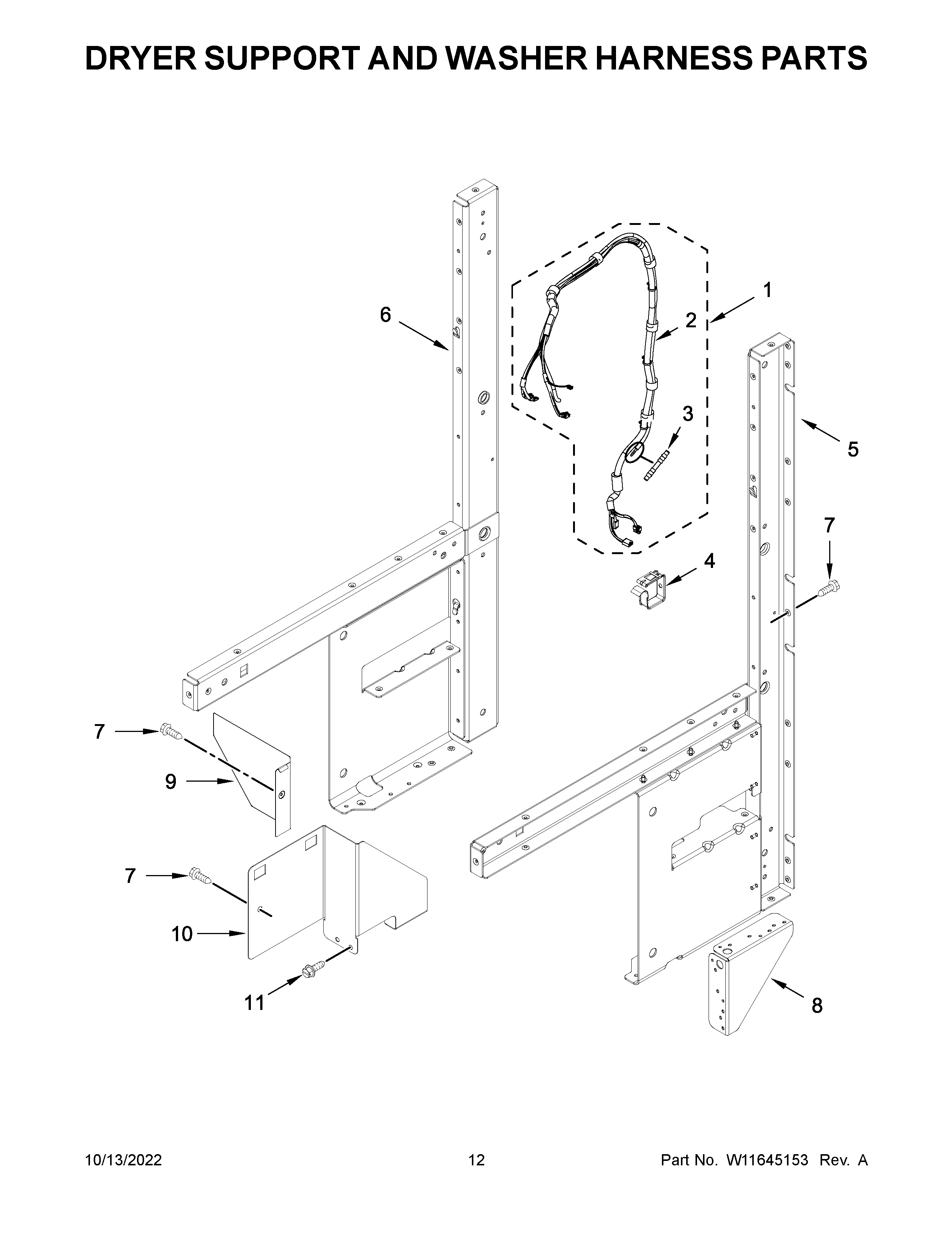 Dryer support and washer harness parts