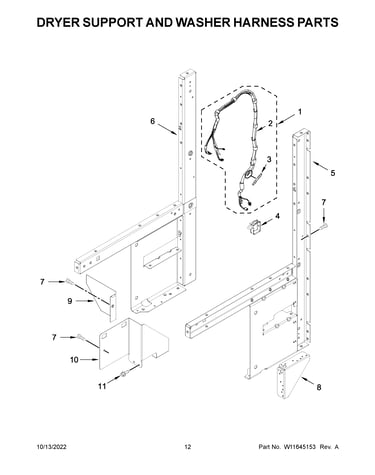 Dryer support and washer harness parts