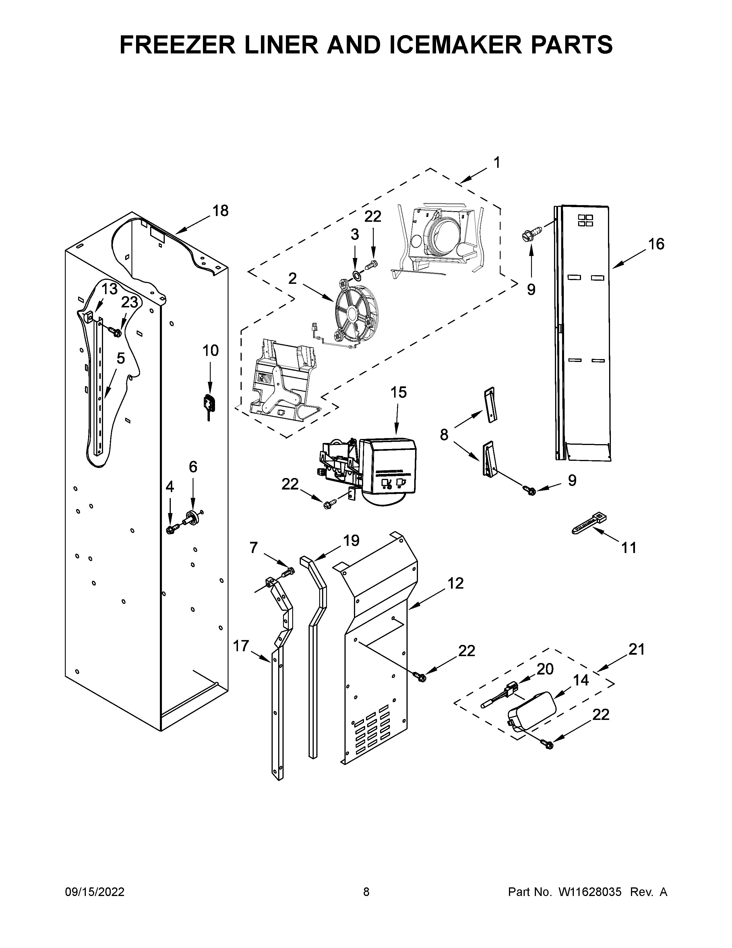 Freezer liner and icemaker parts