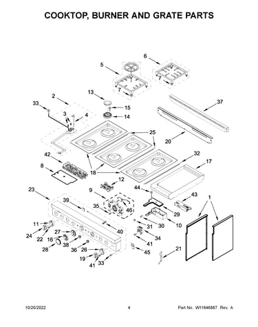 Cooktop, burner and grate parts