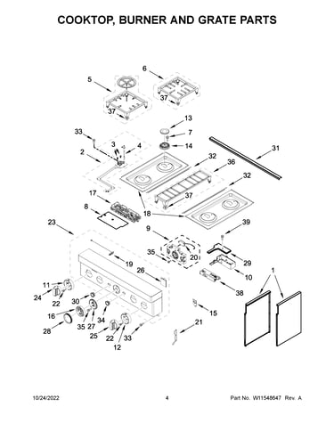 Cooktop, burner and grate parts