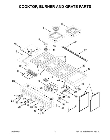 Cooktop, burner and grate parts