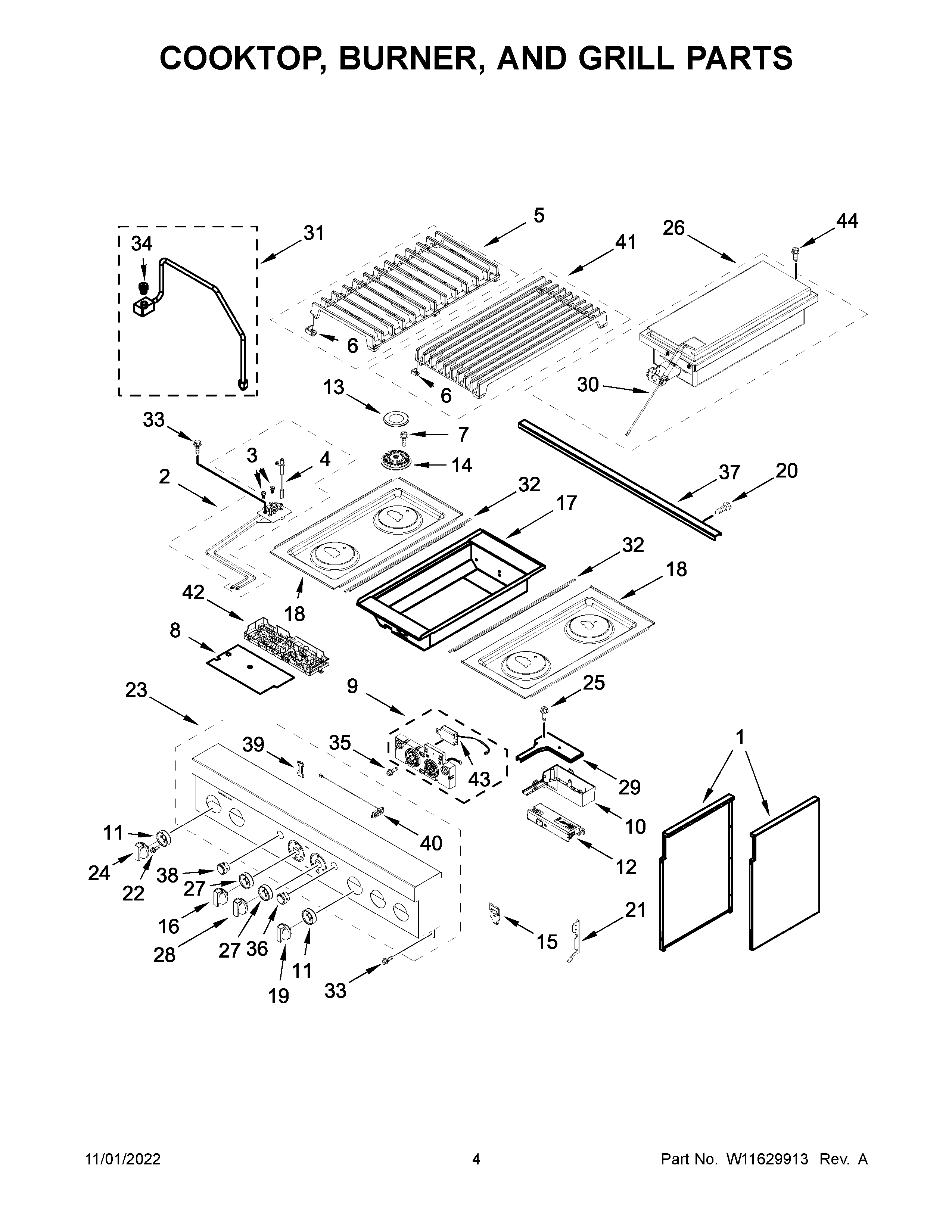 Cooktop, burner, and grill parts