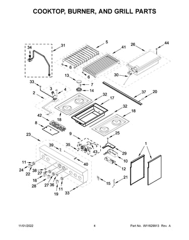 Cooktop, burner, and grill parts