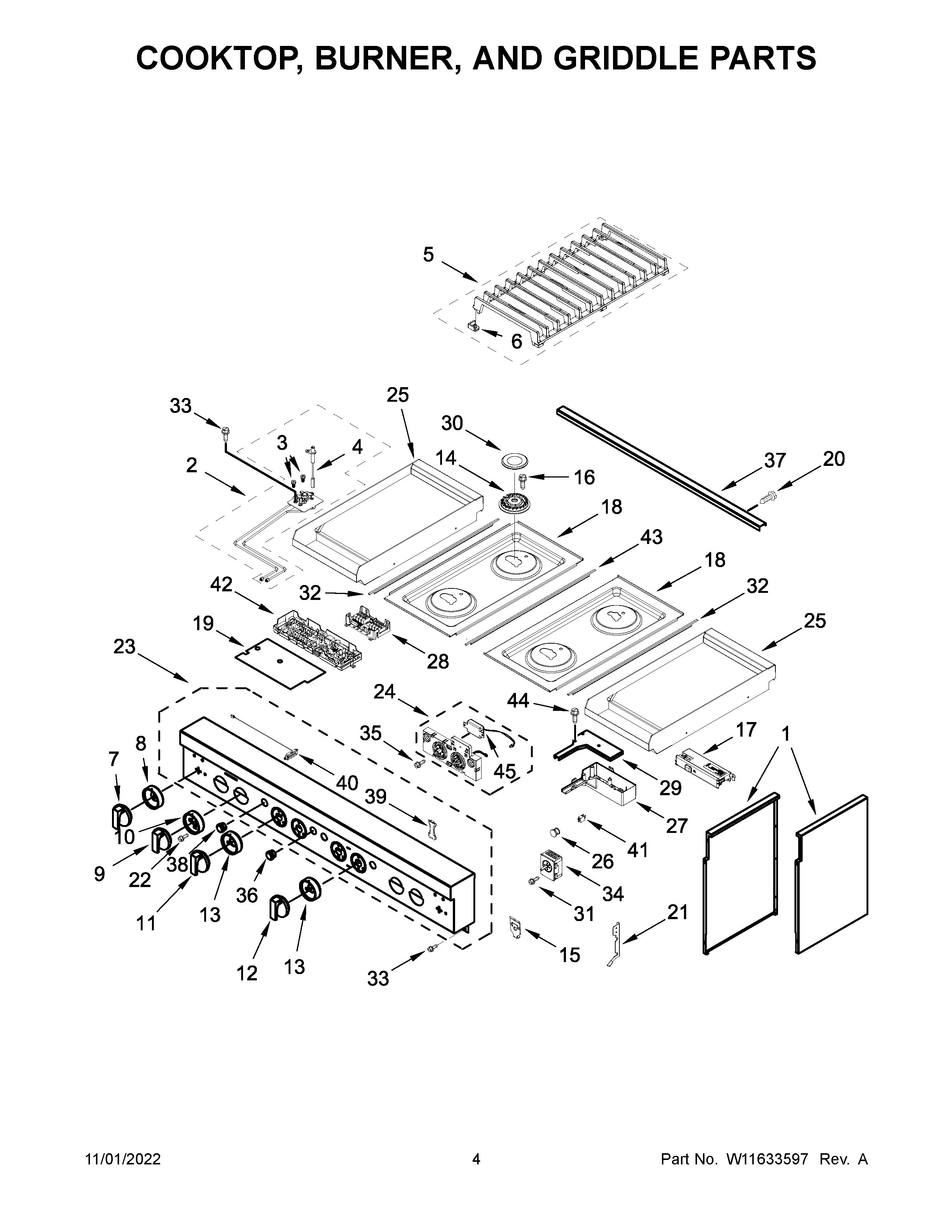 Cooktop, burner, and griddle parts