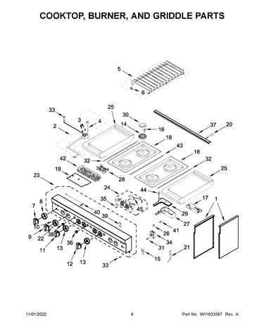 Cooktop, burner, and griddle parts