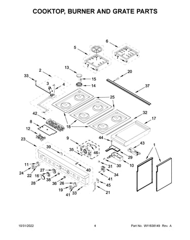 Cooktop, burner and grate parts