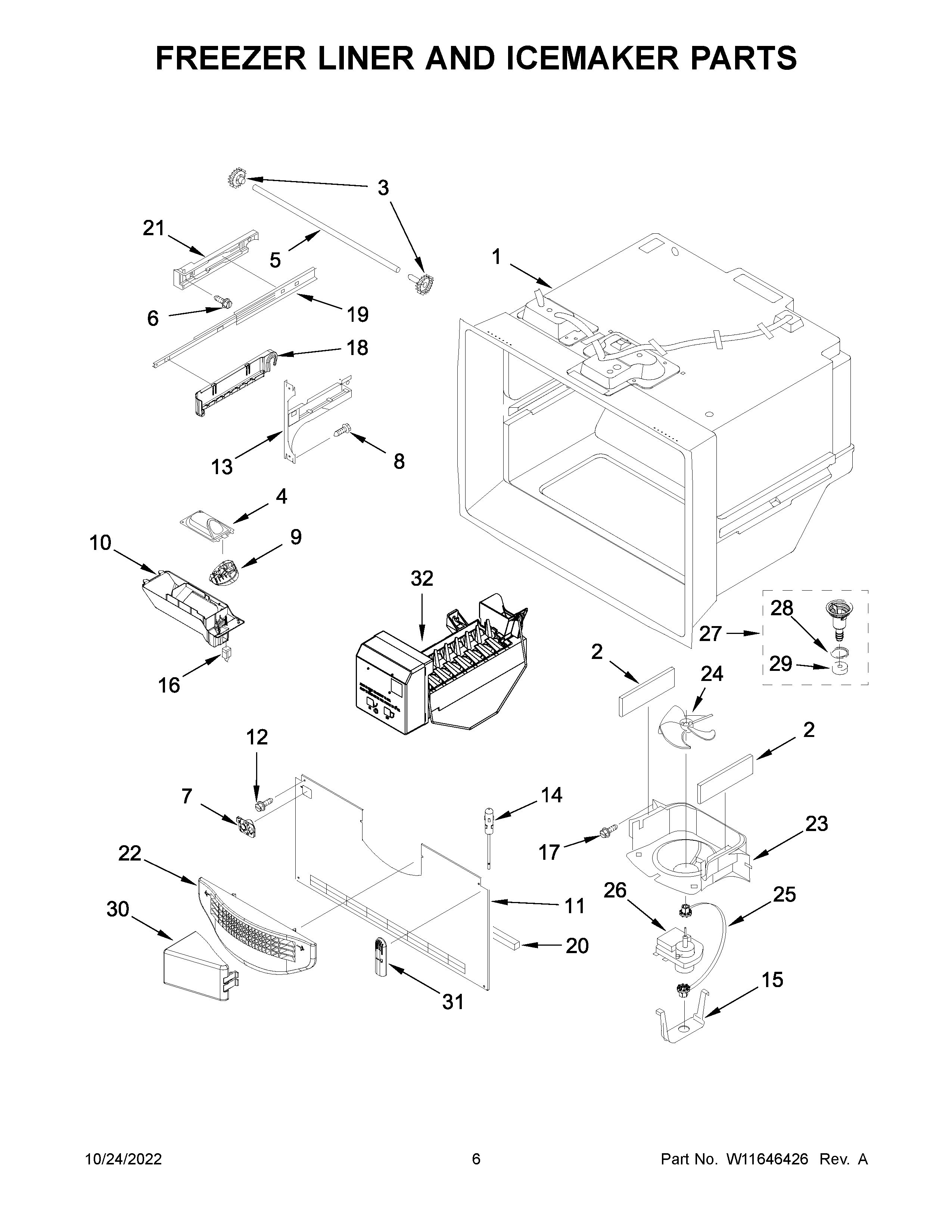 Freezer liner and icemaker parts