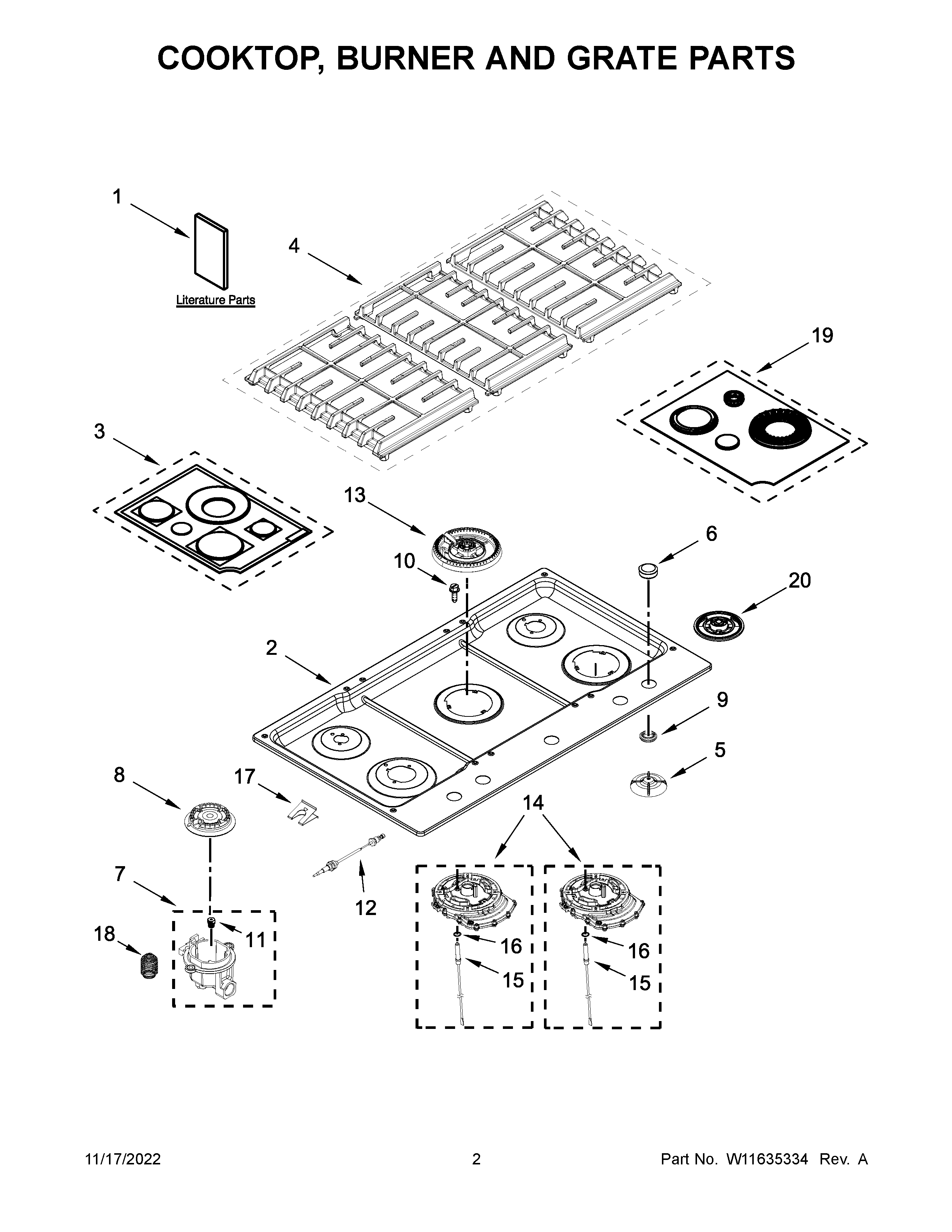 Cooktop, burner and grate parts