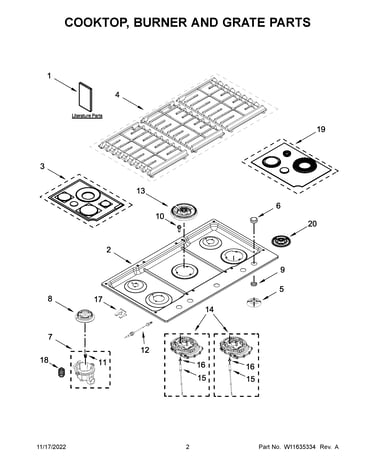 Cooktop, burner and grate parts