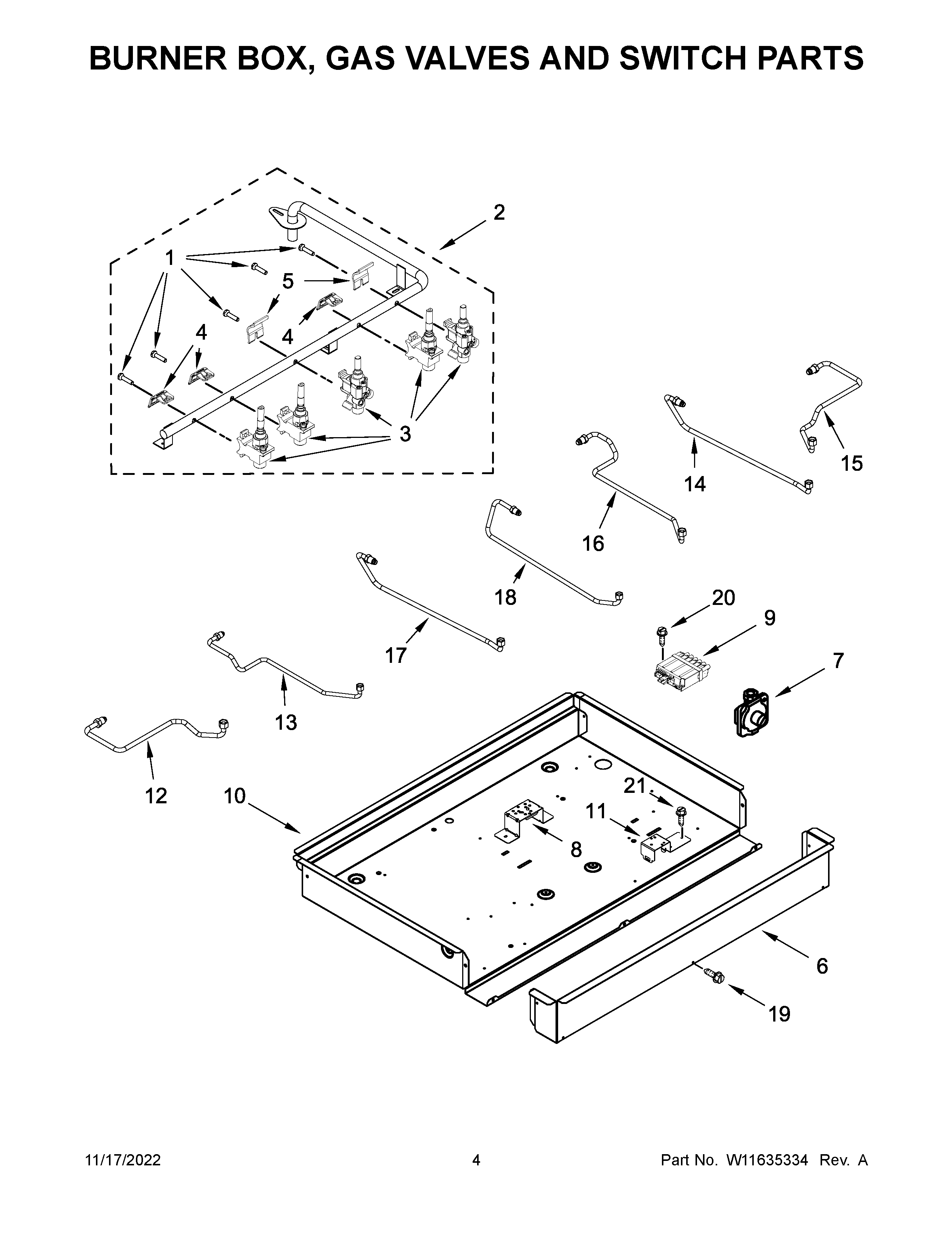 Burner box, gas valves and switch parts