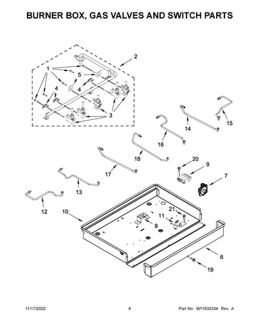 Burner box, gas valves and switch parts