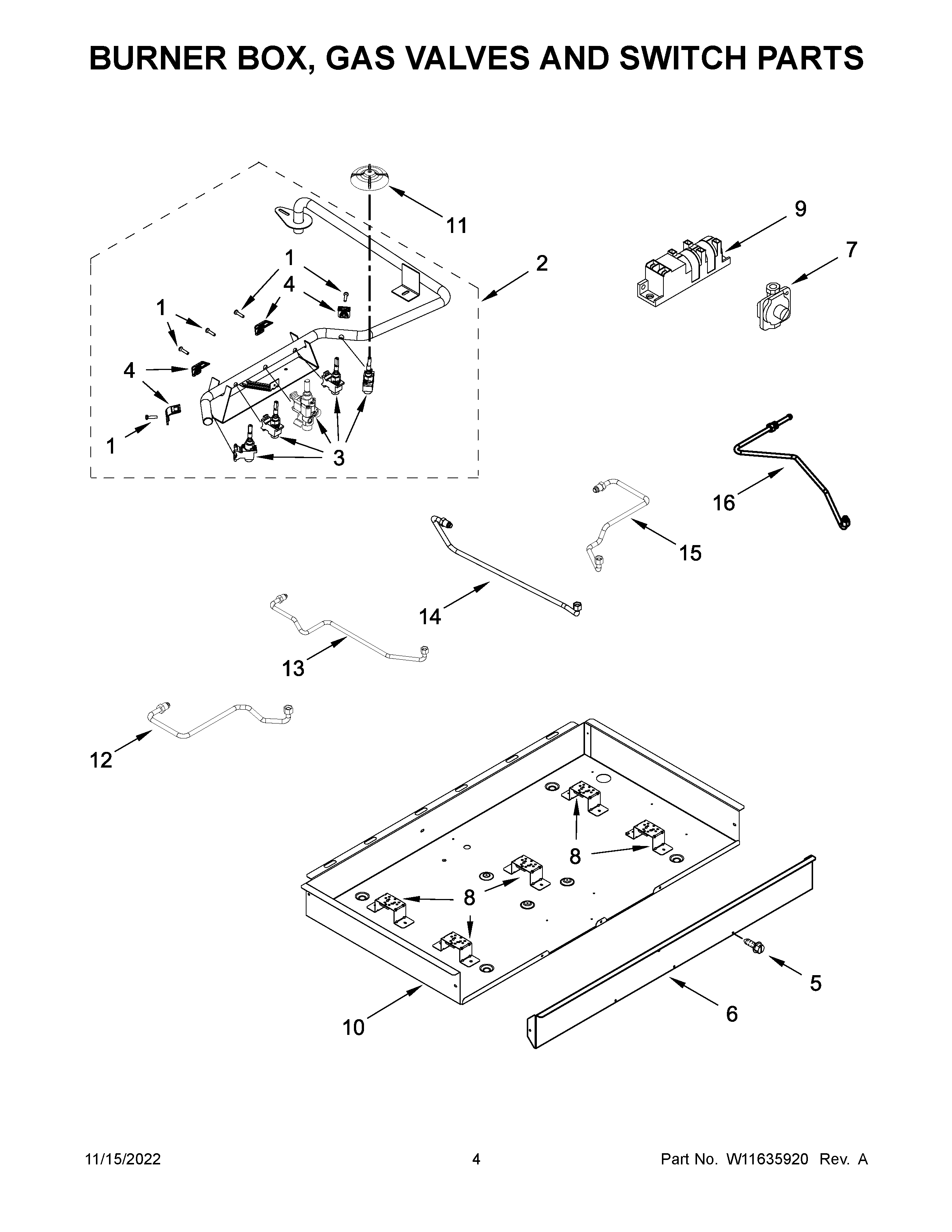 BURNER BOX, GAS VALVES AND SWITCH PARTS