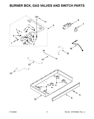 Burner box, gas valves and switch parts