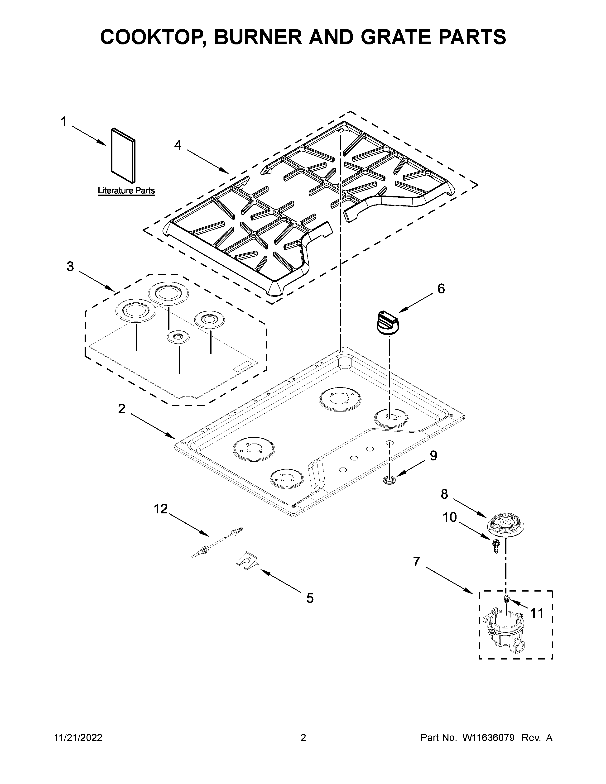 Cooktop, burner and grate parts